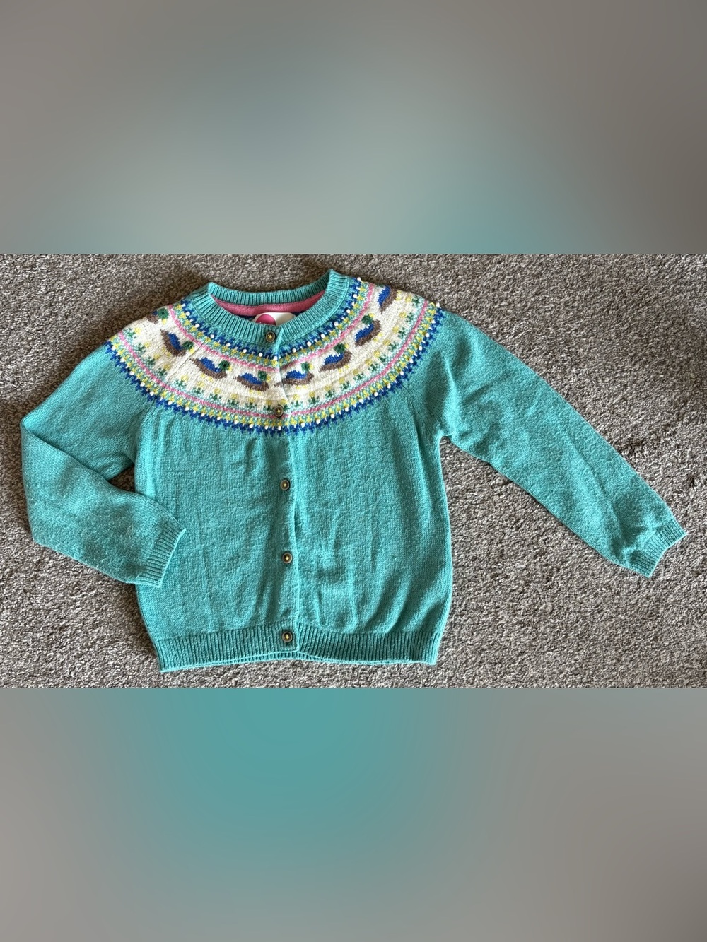 Mini Boden Turquoise Fair Isle Yoke Button-Front Sweater